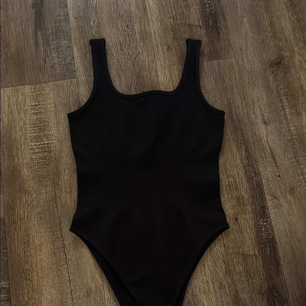 Black Bodysuit with Wide Straps and Scoop Neckline